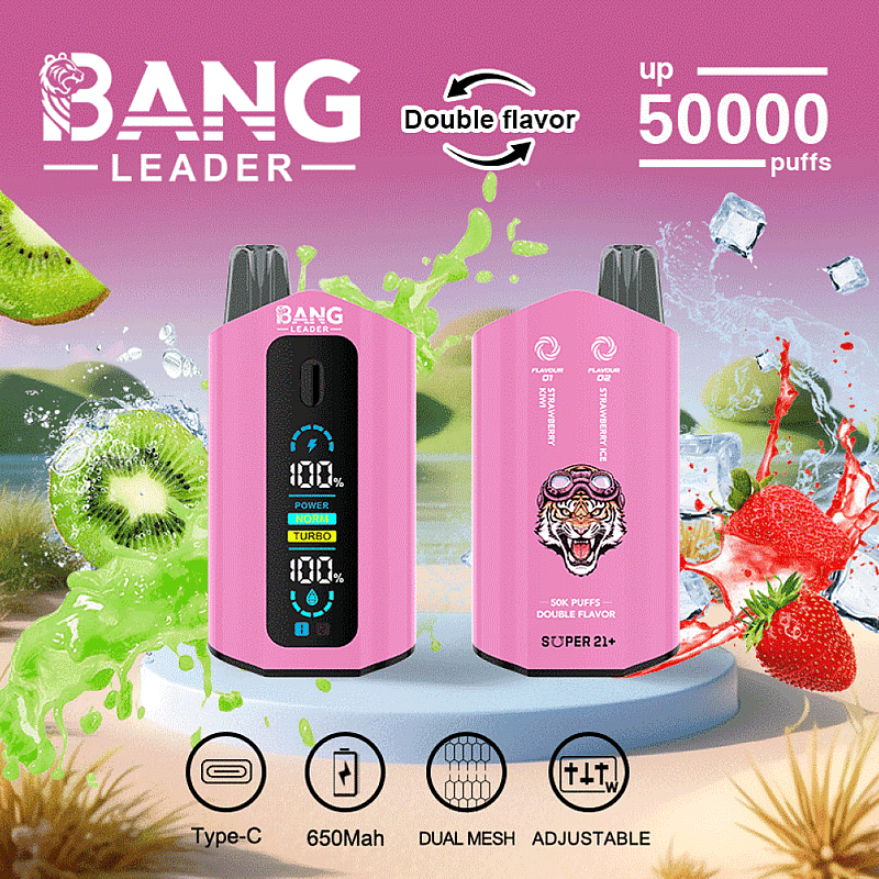 Promotional image of the Bang Leader vape device, featuring a dual-flavor system, 650mAh capacity, adjustable settings, and up to 50,000 puffs. The device is displayed alongside illustrations of fruits like kiwi and strawberry.
