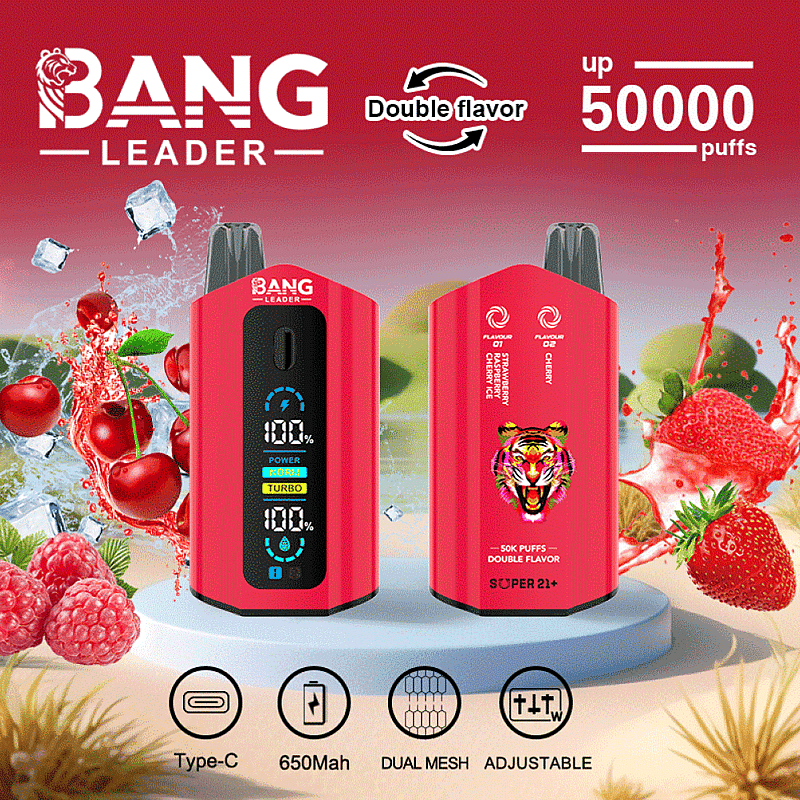 The Bang Leader 50K Puffs Vape features dual flavors, 650mAh battery, dual mesh coil, adjustable wattage, Type-C charging, and a display screen .
