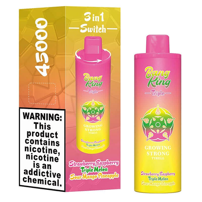 Colorful packaging for a vaping product branded as 'Bang King Triple,' featuring a '3 in 1 Switch' option and fruit flavors like Strawberry Raspberry, Triple Melon, and Sour Mango Pineapple, with displayed nicotine warning text.