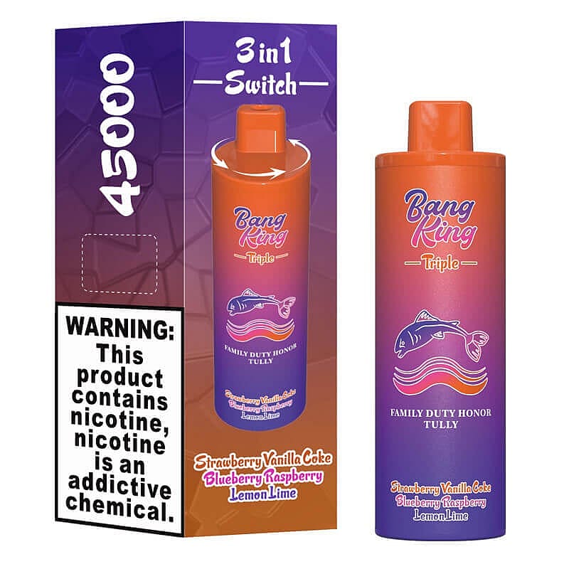 Bang King Triple vaping device with orange and purple gradient packaging, displayed alongside its box highlighting 3 in 1 flavor switch, nicotine warning, and flavors Strawberry Vanilla Coke, Blueberry Raspberry, and Lemon Lime.