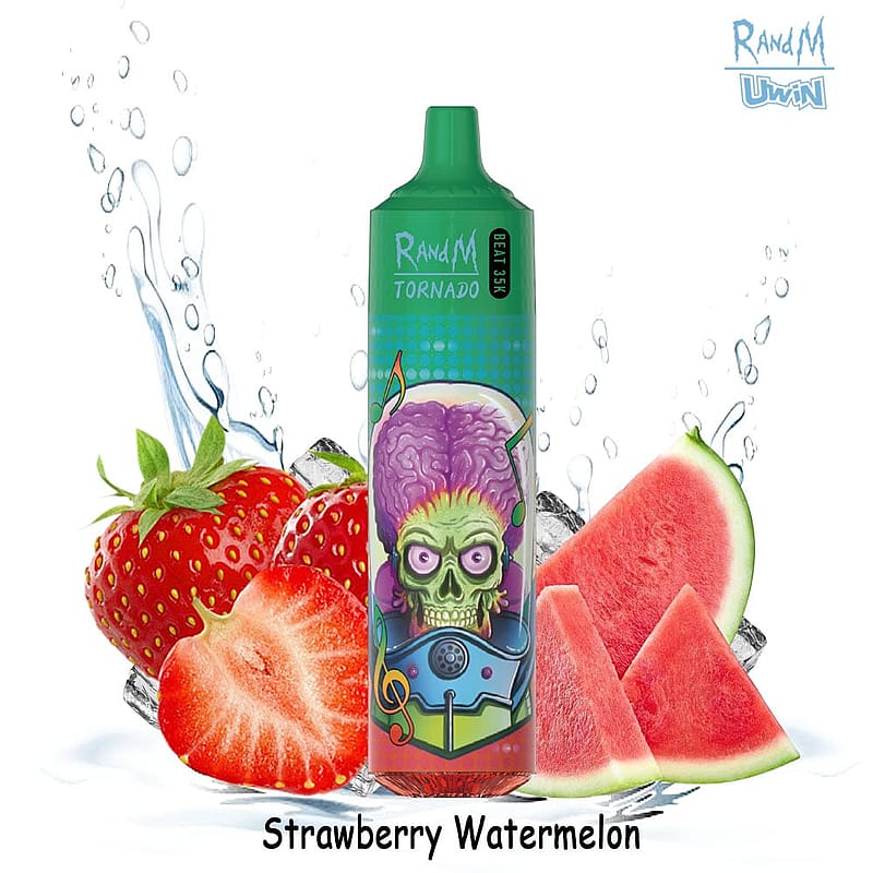 Sigaretta elettronica RandM Tornado dal design colorato raffigurante un teschio e un cervello, circondati da immagini di fragole, angurie e schizzi d'acqua, con l'etichetta "Fragola e Anguria".