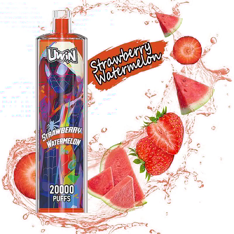 Ein kräftiges Verdampfergerät mit Erdbeer-Wassermelonengeschmack und farbenfroher Verpackung im Spider-Man-inspirierten Design, umgeben von Bildern von Erdbeeren und Wassermelonenscheiben mit einem Spritzeffekt im Hintergrund.