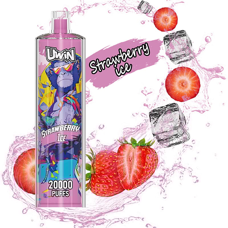 Eine elektronische Zigarette mit lebendigem Design, in der ein Gorilla mit der Aufschrift „Strawberry Ice“ abgebildet ist und die 20.000 Züge verspricht, vor einem Hintergrund mit spritzendem Wasser, Erdbeeren und Eiswürfeln.