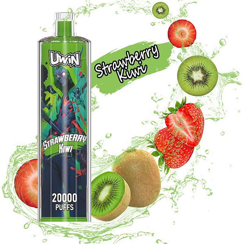 Ausgestellt wird ein Vaping-Produkt in Grün mit der Bezeichnung „UWIN Strawberry Kiwi 20.000 Puffs“, umgeben von plätscherndem Wasser und Bildern von Erdbeeren und Kiwis, um den Geschmack hervorzuheben.