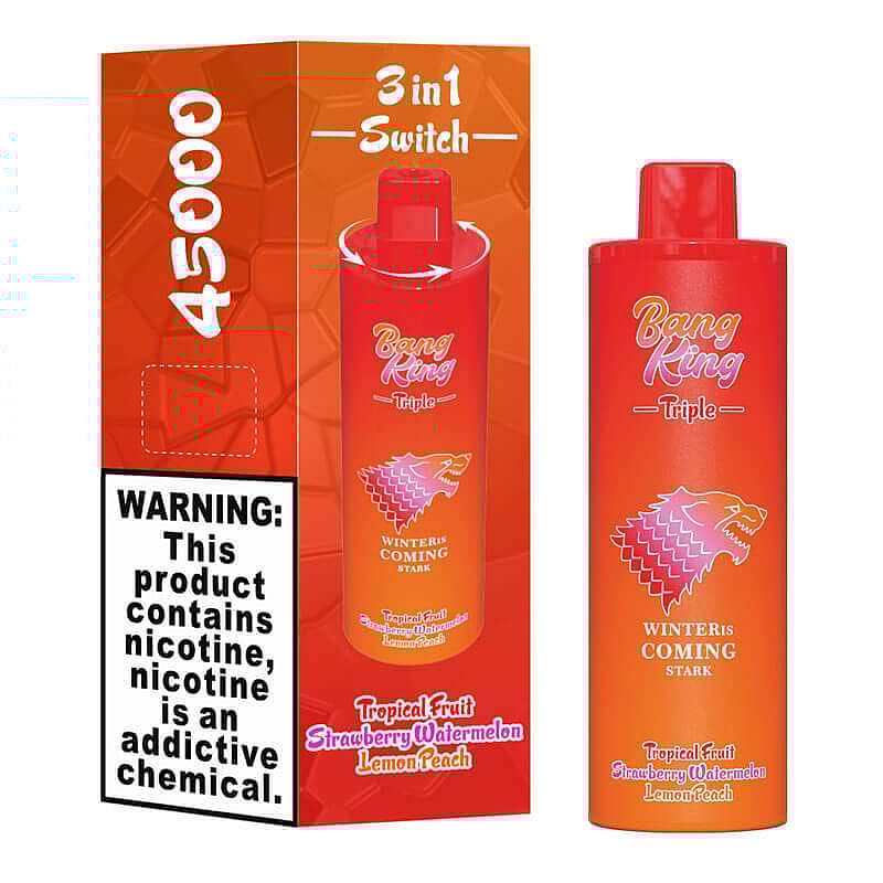 A brightly colored disposable vape with the label 'Bang King Triple' featuring a wolf emblem and flavors listed as Tropical Fruit, Strawberry Watermelon, and Lemon Peach. The accompanying packaging includes a nicotine warning label.