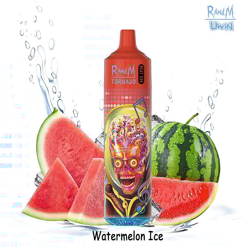 Un dispositivo per svapare dai colori vivaci con un disegno psichedelico a forma di teschio e la scritta "RandM Tornado" è posizionato di fronte a fette di anguria, cubetti di ghiaccio e spruzzi d'acqua, con la scritta "Watermelon Ice" in basso.