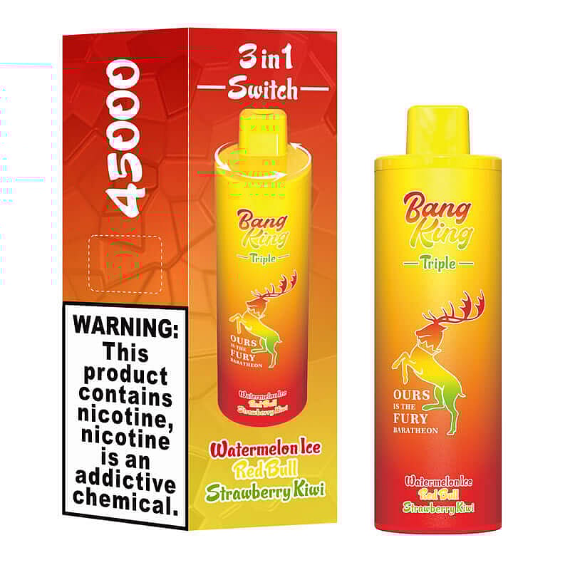 A product image of the Bang King Triple vaping device package and device, featuring flavors Watermelon Ice, Red Bull, and Strawberry Kiwi, with warning text stating it contains nicotine, an addictive chemical.