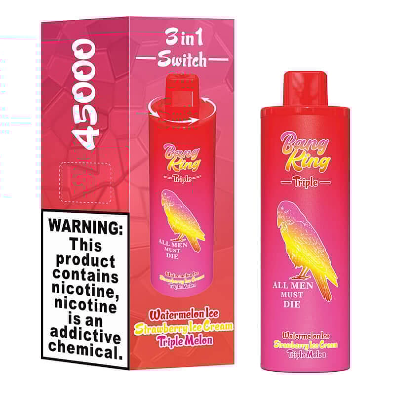 A brightly colored package featuring an electronic vaping device called 'Bang King Triple' with flavors Watermelon Ice, Strawberry Ice Cream, and Triple Melon, prominently warning about nicotine addiction.