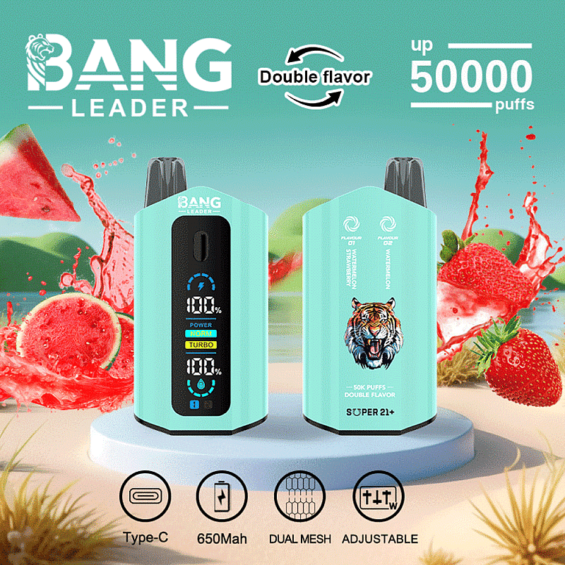 The Bang Leader 50K Puffs Vape features dual flavors, 650mAh battery, dual mesh coil, adjustable wattage, Type-C charging, and a display screen .