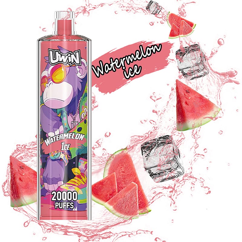Eine farbenfrohe Verpackung für das Vape-Produkt UWIN Watermelon Ice mit einem Cartoon-Gorilla mit Sonnenbrille, begleitet von Eiswürfeln und Wassermelonenscheiben auf einem lebhaften rosa Wasserspritzer-Hintergrund.