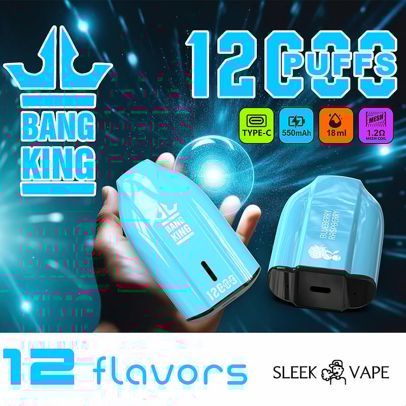 Promotional image showcasing Bang King vaping device in blue, emphasizing '12,000 puffs' and features like Type-C charging, 550mAh battery, 18ml capacity, and 1.2Ω mesh coil, with a cosmic background and product branding.