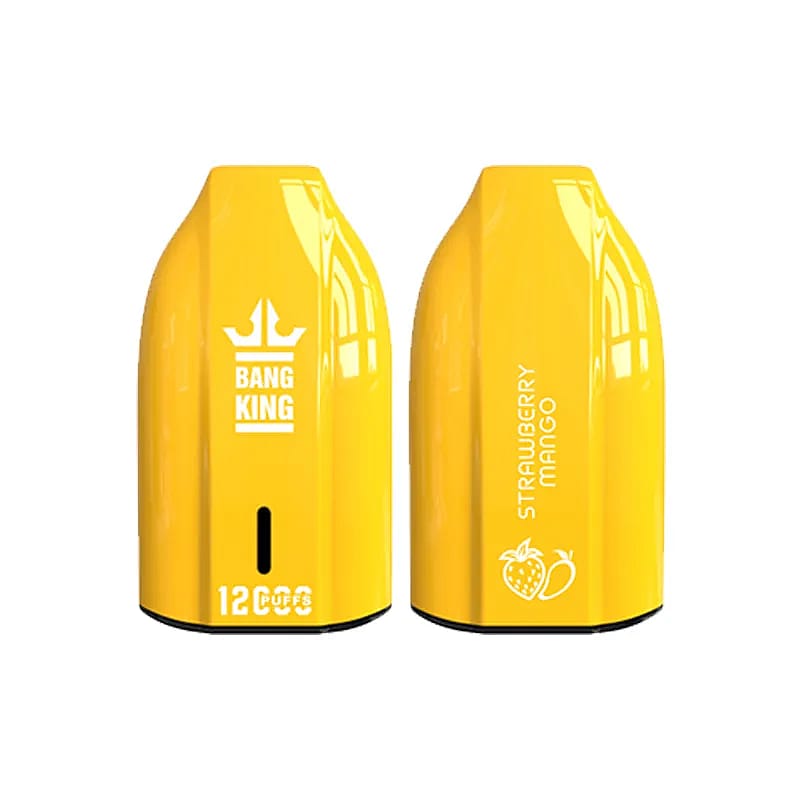 Two yellow vape cartridge devices branded as 'Bang King,' featuring the flavor 'Strawberry Mango,' shown from the front and back views.