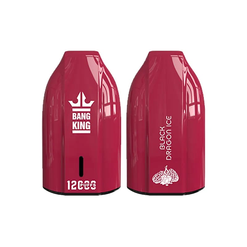 Two red Bang King disposable vape devices, displaying the 'Bang King' logo and 'Black Dragon Ice' flavor text, with a sleek, rounded design and shiny surface.