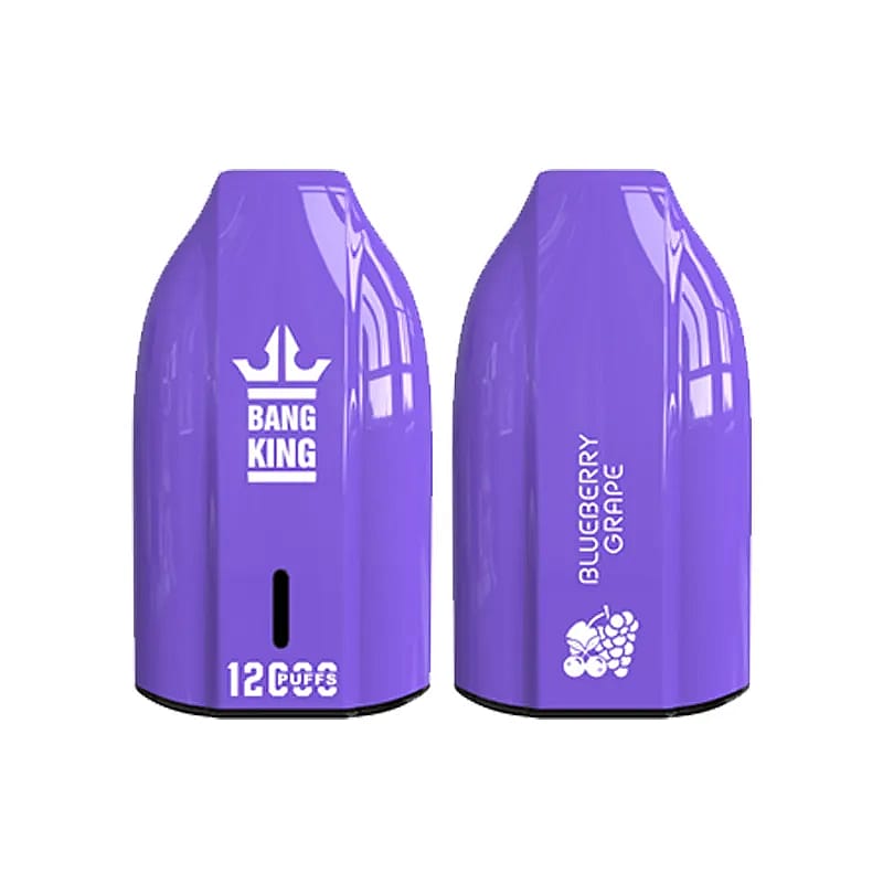 Two purple e-cigarette vape devices labeled 'Bang King' and 'Blueberry Grape,' designed with a rounded, glossy finish and a small airflow slit at the bottom.