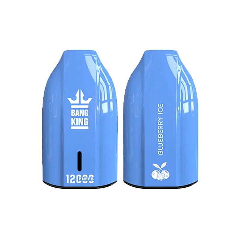 Two views of a blue vape device labeled with 'Bang King' and 'Blueberry Ice,' featuring a crown logo and a fruit illustration.