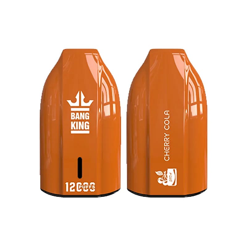 Two orange disposable vape devices labeled as "Bang King" and "Cherry Cola", featuring a distinctive curved design.