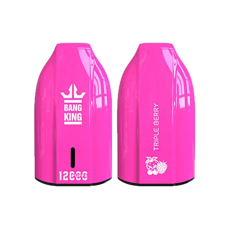 Two bright pink Bang King vape pods, one displaying the logo and '12 Cups,' the other labeled 'Triple Berry' with illustrations of berries.