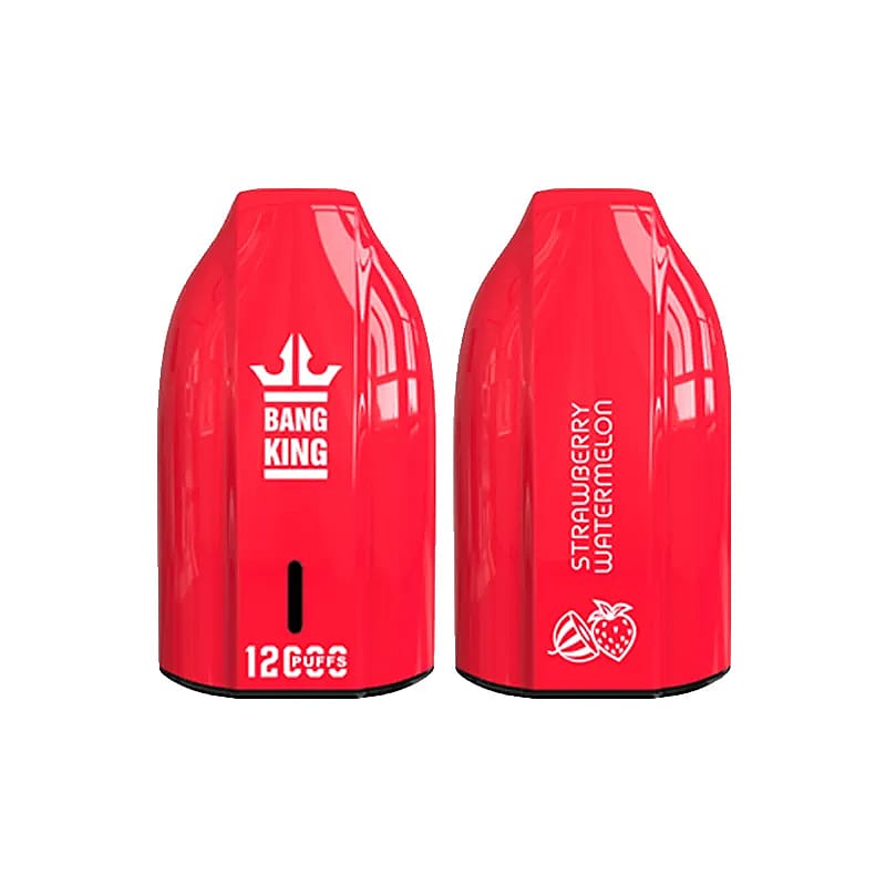 Two red Bang King e-cigarette pods labeled 'Strawberry Watermelon,' one showing the logo and the other the flavor graphic.
