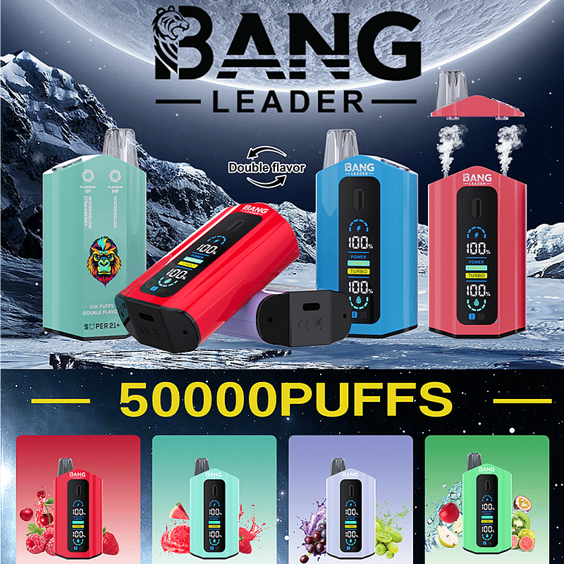 The Bang Leader 50K Puffs Vape features dual flavors, 650mAh battery, dual mesh coil, adjustable wattage, Type-C charging, and a display screen .
