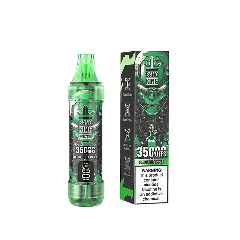 Dispositivo vaporizador electrónico y su empaque etiquetado "Bang King Tornado" con sabor Doble Manzana, indicando 3500 bocanadas, mostrado con características y advertencia de nicotina, diseño predominantemente verde con logo de corona.
