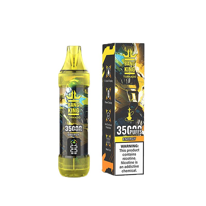 Un dispositivo de vapeo desechable con sabor Bang King Tornado Energy con caja, que ofrece 35000 bocanadas y presenta un diseño atrevido y una etiqueta de advertencia en el empaque.