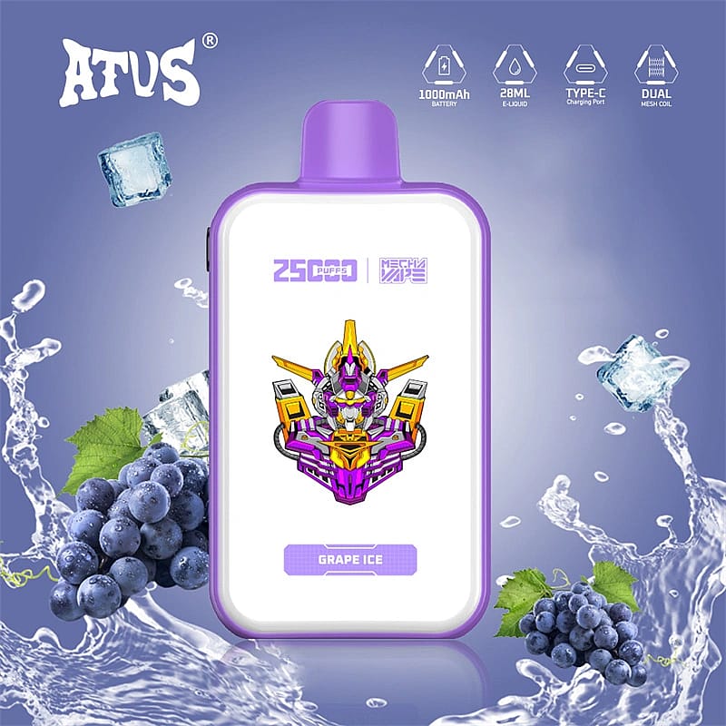 Image promotionnelle d'un appareil Mecha Vape au goût de glace au raisin, entouré de raisins, de glaçons et d'éclaboussures d'eau, avec des points forts sur sa batterie de 1000 mAh, sa capacité d'e-liquide de 28 ml, son port de charge de type C et sa technologie de bobine à double maille.