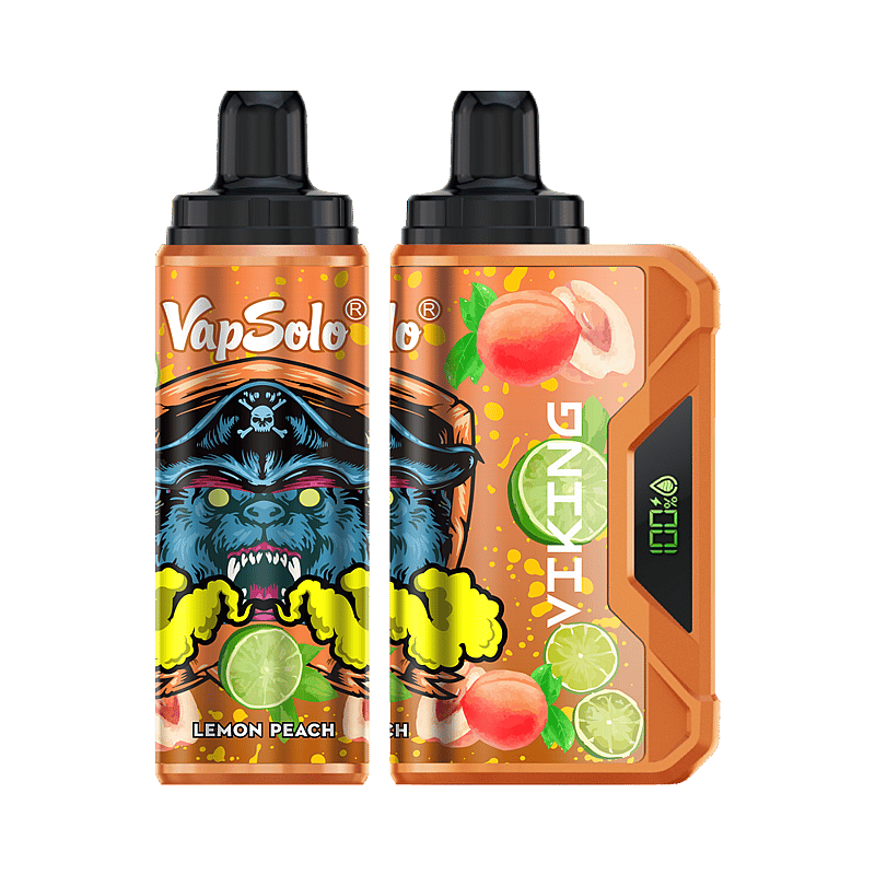 En uppsättning vapingapparater av märket VapSolo med en livlig design av ett blått monster med pirat-tema omgivet av citron- och persikaillustrationer, märkt som "LEMON PEACH"-smak.