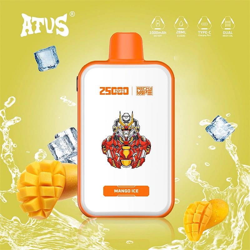 Image promotionnelle d'un appareil de vapotage à bord orange comportant une illustration de robot et la saveur « Mango Ice », entouré de morceaux de mangue, de glaçons et d'éclaboussures de liquide, avec des icônes indiquant la capacité de la batterie, le volume d'e-liquide et d'autres fonctionnalités.