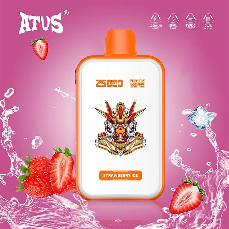 Appareil de vapotage coloré doté d'un design inspiré du mécanisme avec une saveur « Strawberry Ice », entouré de fraises, de glaçons et d'éclaboussures sur un fond rose.