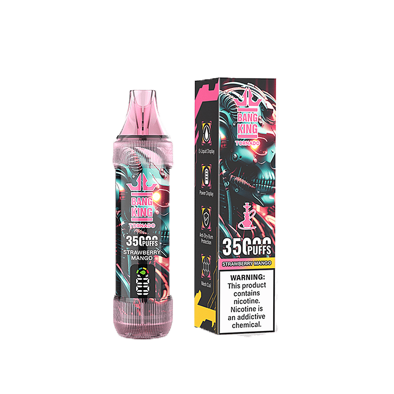 Un vaporizador desechable Bang King Tornado 3500 puff en sabor a mango fresa con su empaque, que presenta un diseño vibrante y una advertencia sobre el contenido de nicotina.