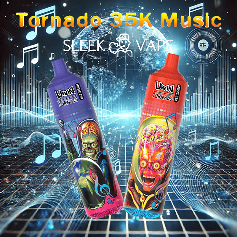 Zwei farbenfrohe Vape-Geräte mit der Aufschrift „Uwin Tornado 35K Music“ mit lebendigen Grafiken von Totenköpfen und Musiknoten vor einem dynamischen Hintergrund mit einem Globus und Schallwellenbildern.