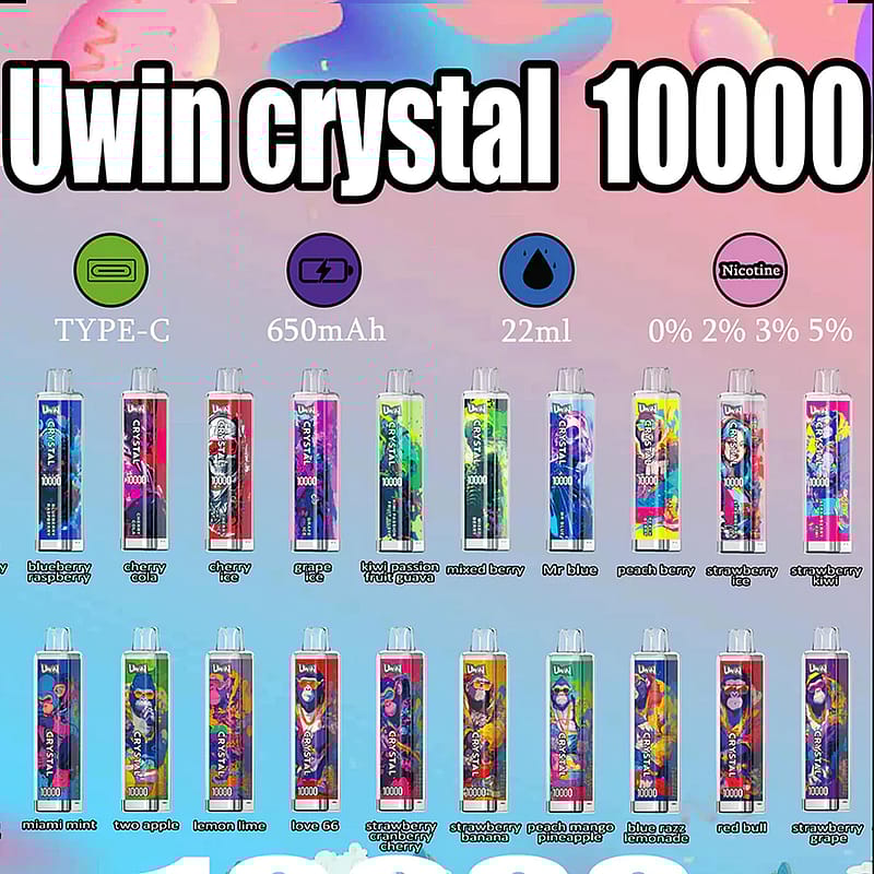 A promotional graphic for Uwin Crystal 10000 vape devices, displaying various flavors and product specifications like Type-C charging, 650mAh battery, and 22ml liquid capacity.
