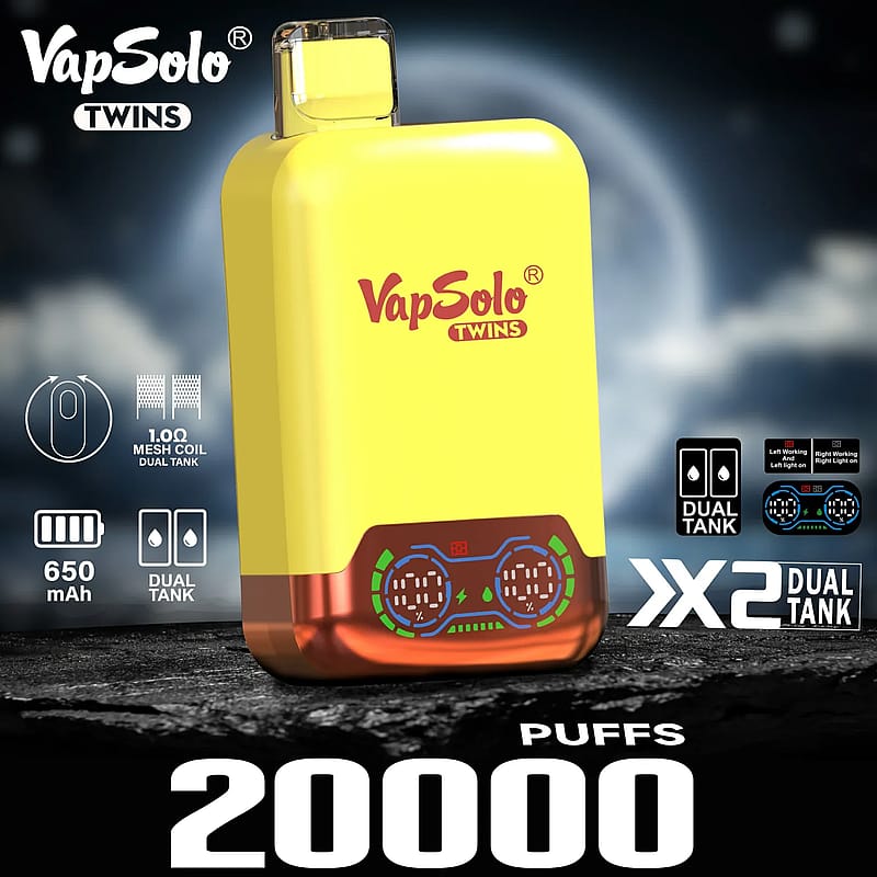 Imagen promocional del VapSolo Twins, un dispositivo de vapeo amarillo y rojo con tanques duales, batería de 650 mAh y diseñado para hasta 20.000 bocanadas, con múltiples características técnicas mostradas.
