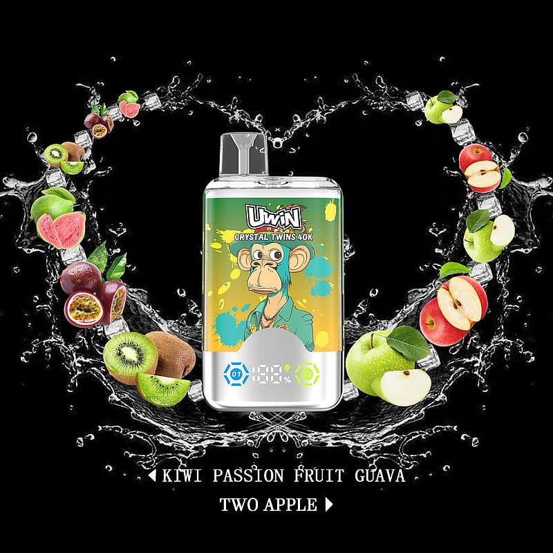 A promotional image showcasing a vape device called 'UWIN Crystal Twins 40K' with an artistic monkey illustration on its green packaging, surrounded by a splash of water and an arc of colorful fruits including kiwis, guavas, passion fruits, and apples. Below, the flavors 'Kiwi Passion Fruit Guava' and 'Two Apple' are listed.