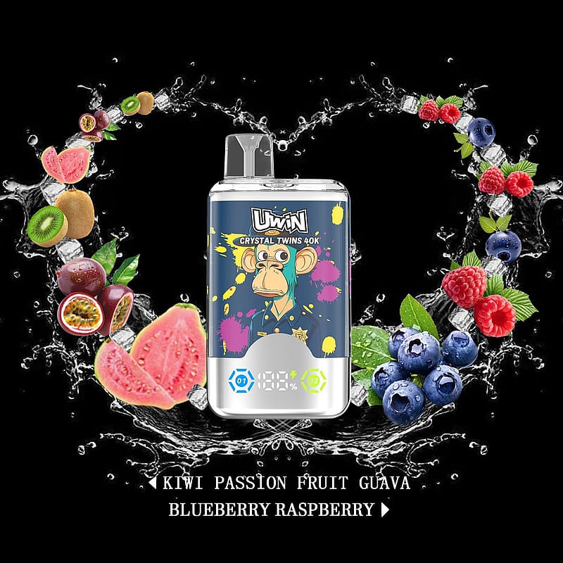 Promotional image featuring a brightly designed vape device with a colorful cartoon monkey graphic, surrounded by splashes of water and fruits like kiwi, guava, blueberries, and raspberries, emphasizing dual fruit flavors.