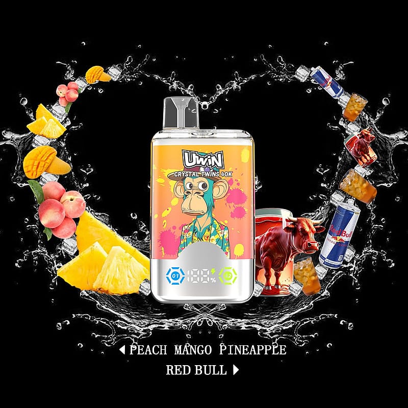 A colorful illustration featuring a vaping device labeled as 'UWIN Crystal Twins 40K' with a monkey graphic on the front, surrounded by splashes of water and floating images of peaches, mango slices, pineapple chunks, and Red Bull product visuals. The text 'Peach Mango Pineapple Red Bull' is displayed below against a black background.