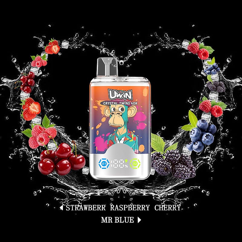 A UWIN-branded vaping device with a colorful monkey graphic on the packaging, surrounded by a splash of water, strawberries, raspberries, cherries, blackberries, and blueberries against a black background.