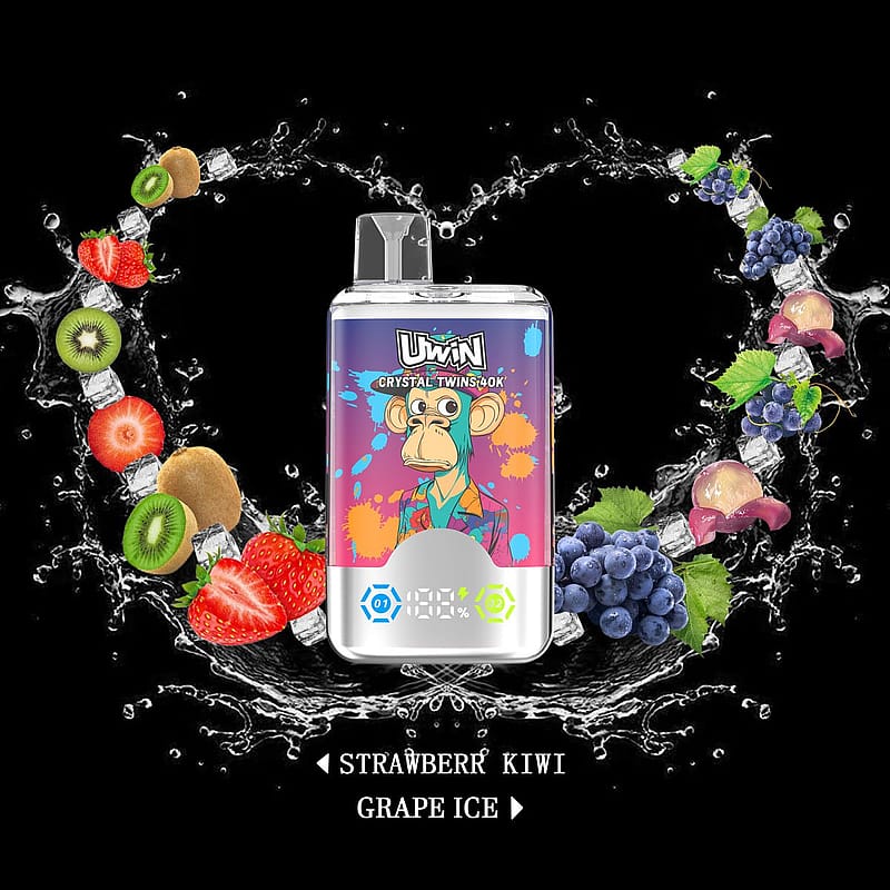 Colorful vape device with a cartoon monkey on the front surrounded by splashes of water and images of fruits like strawberries, kiwis, grapes, and lychees, labeled 'Strawberry Kiwi' and 'Grape Ice.'