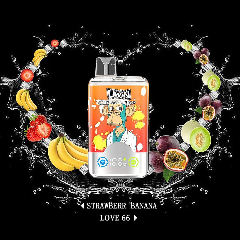 A colorful product image featuring a vaping device with an illustrated monkey on an orange background, surrounded by splashes of water, fruit slices including bananas, strawberries, passion fruits, and melons, with the text 'Strawberry Banana Love 66' displayed below.