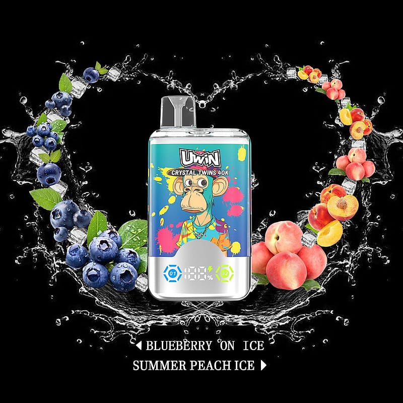 A colorful vape device labeled 'UWin Crystal Twins 40K' featuring a monkey illustration is displayed against a black background with artistic designs of blueberries, peaches, ice cubes, and splashing water arranged in a heart shape. Below, the text alternates between flavors 'Blueberry on Ice' and 'Summer Peach Ice.'