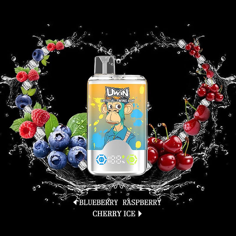 A vaping device from the UWIN Crystal Twins 40K series is showcased on a black background surrounded by an artistic arrangement of blueberries, raspberries, cherries, and splashes of water signifying the flavor profile: blueberry, raspberry, and cherry ice.
