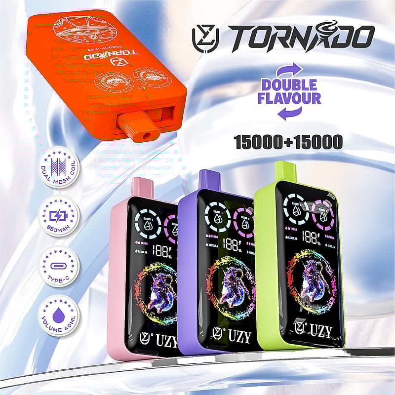 Promotional image for Tornado vape devices showcasing multiple colors, including pink, purple, and green, with features like dual mesh coil, 8500mAh battery, Type-C charging, and 40mL volume, plus a highlighted design emphasizing double flavor capability and 15000+15000 puff capacity.