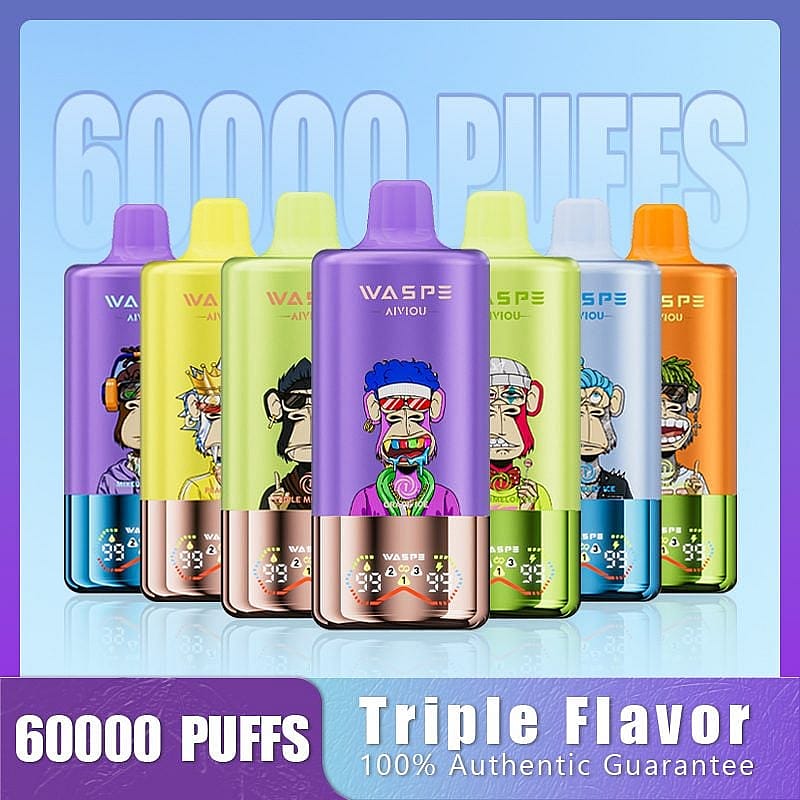 Colorful vape devices labeled Wasp Aiyou, featuring cartoon designs and highlighting '60,000 puffs' and 'Triple Flavor' with a 100% Authentic Guarantee.
