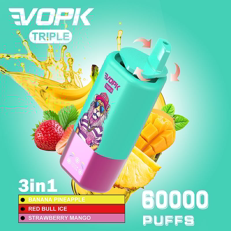 Reklambild med en färgglad VOPK Triple vape med en kapacitet på 60 000 bloss, som ger smaker som banan-ananas, Red Bull-is och jordgubb-mango, med tillhörande illustrationer av frukter och livfulla designelement.