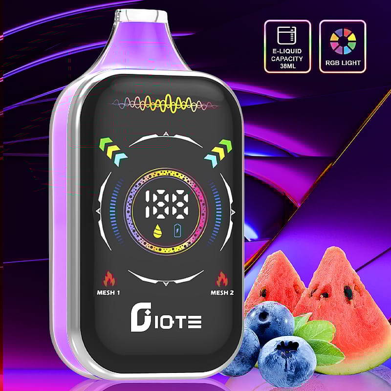 A futuristic e-liquid vaping device with a colorful display showing usage information, placed on a vibrant, abstract purple background alongside images of watermelon slices and blueberries.