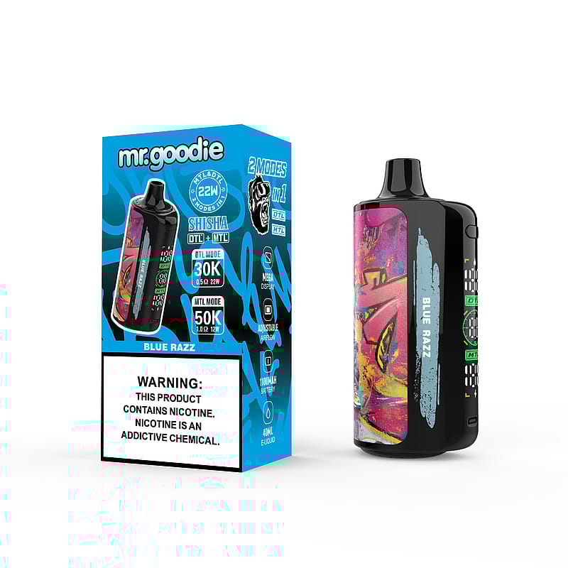 Un espositore che espone il dispositivo per svapare 'Mr. Goodie' Blue Razz, la cui confezione illustra caratteristiche come le modalità DTL e MTL e una ben visibile etichetta di avvertenza sulla nicotina.