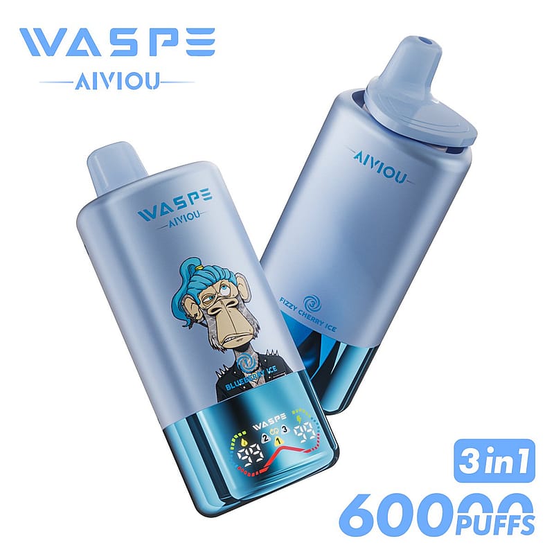 Two Wasp AiVIOU branded vape devices in light blue with one showing a cartoon monkey design and flavor names "Blueberry Ice" and "Fizzy Cherry Ice," along with a digital display and text indicating "3 in 1" and "60000 PUFFS."