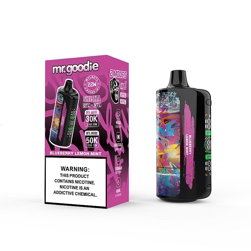 Immagine promozionale che mostra un dispositivo per lo svapo Mr. Goodie e la sua confezione con l'etichetta "Blueberry Lemon Mint", evidenziando caratteristiche come il flusso d'aria regolabile, due modalità (DTL e MTL) e un vivace design in stile graffiti.