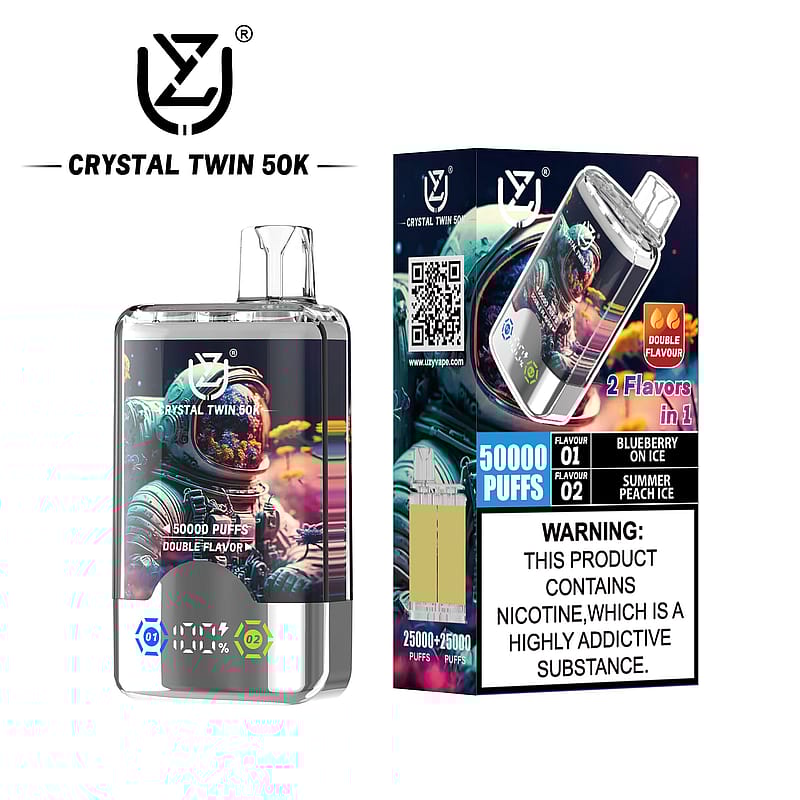 Promotional image of the Crystal Twin 50K vaping device and its packaging, featuring a design with an astronaut and neon colors, with two flavors, Blueberry on Ice and Summer Peach Ice, and a nicotine warning statement.