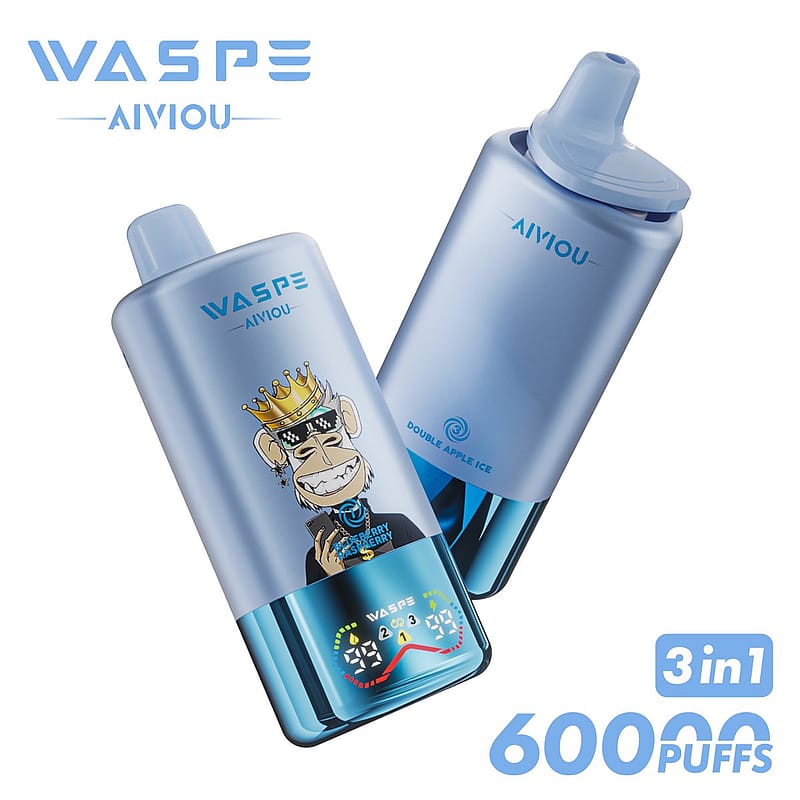 Two blue WASPE AIVIOU vape devices, featuring a cartoon ape wearing a crown graphic, with double apple ice flavor labeling and a digital indicator, marketed as offering 60,000 puffs and a 3-in-1 feature.
